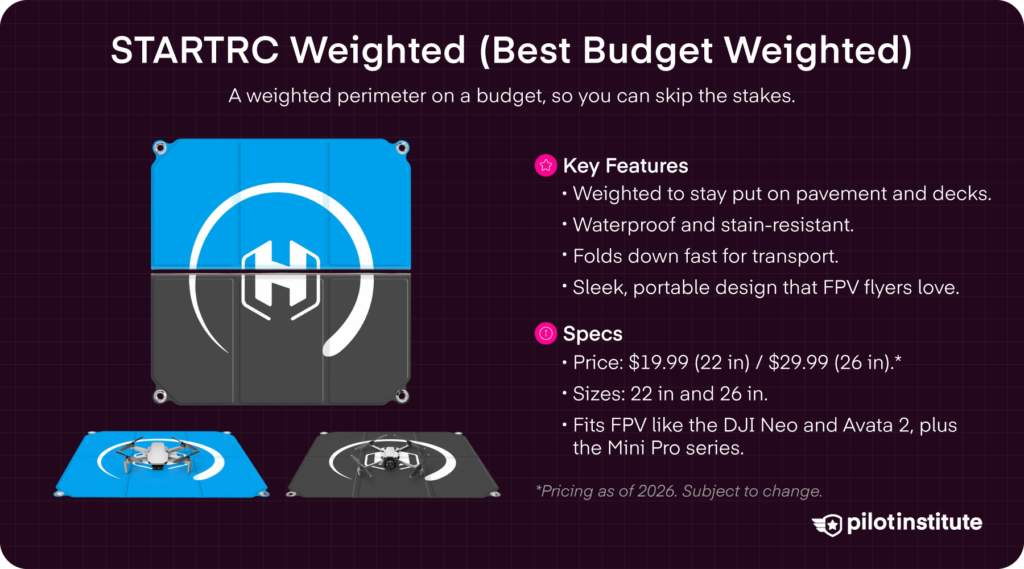 STARTRC weighted drone landing pad card, budget weighted pad in 22 and 26 inch sizes for FPV and Mini drones, Pilot Institute