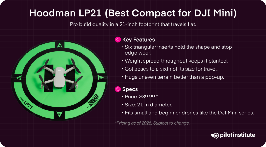 Hoodman LP21 drone landing pad card, weighted 21-inch tri-fold pad for the DJI Mini series, Pilot Institute