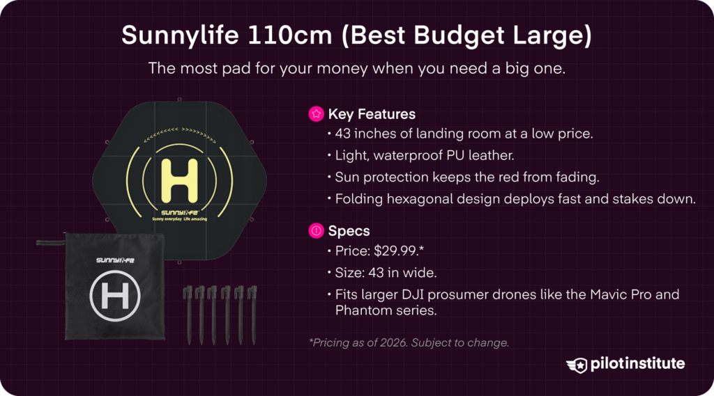 Sunnylife 110cm black hexagonal drone landing pad with carrying bag, six stakes, and highlighted features for larger consumer drones.