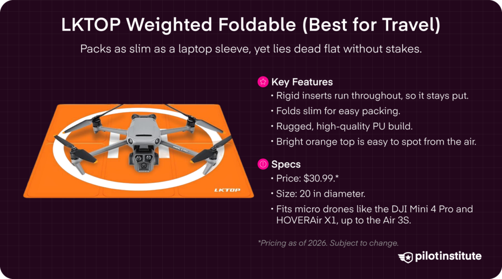 LKTOP weighted foldable drone landing pad card, slim-packing 20-inch travel pad for micro drones up to the Air 3S, Pilot Institute