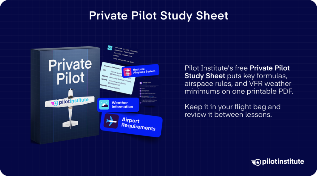 Pilot Institute’s free Private Pilot Study Sheet with key rules and formulas.