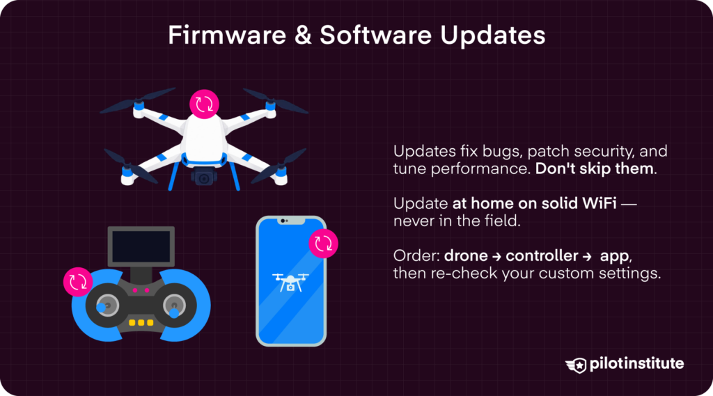 Drone firmware and software update procedure infographic with update order and IMU calibration tips — Pilot Institute