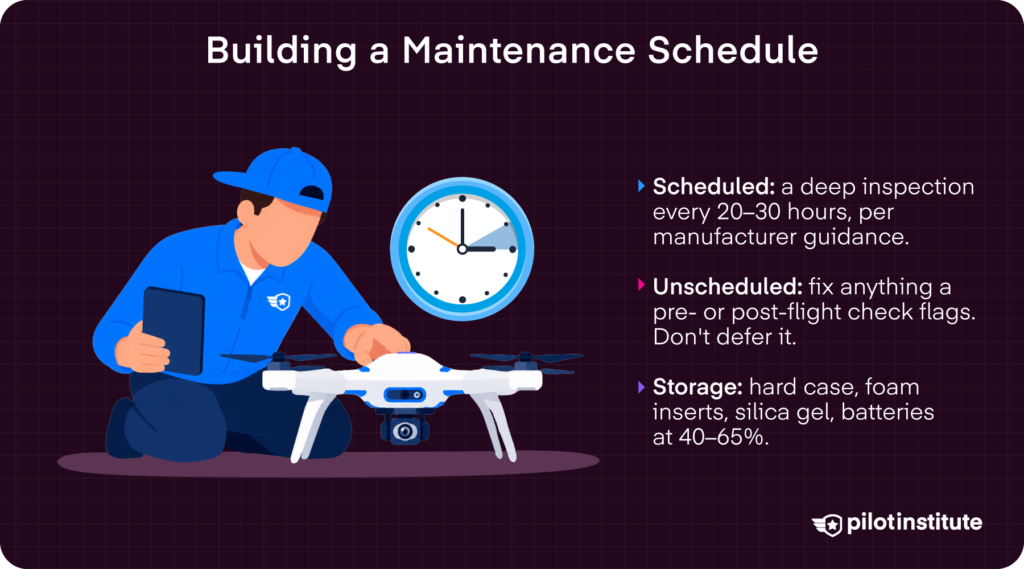 Drone maintenance schedule infographic showing three tiers — scheduled deep inspection, unscheduled repairs, and proper storage practices — Pilot Institute