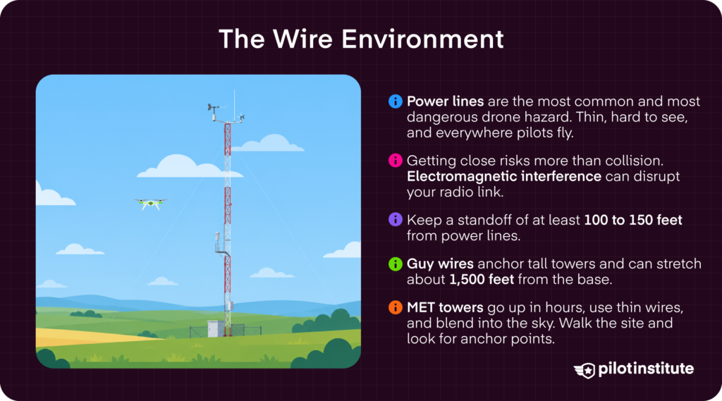 Wire environment hazards for drone pilots including power lines, guy wires, and MET towers. Pilot Institute