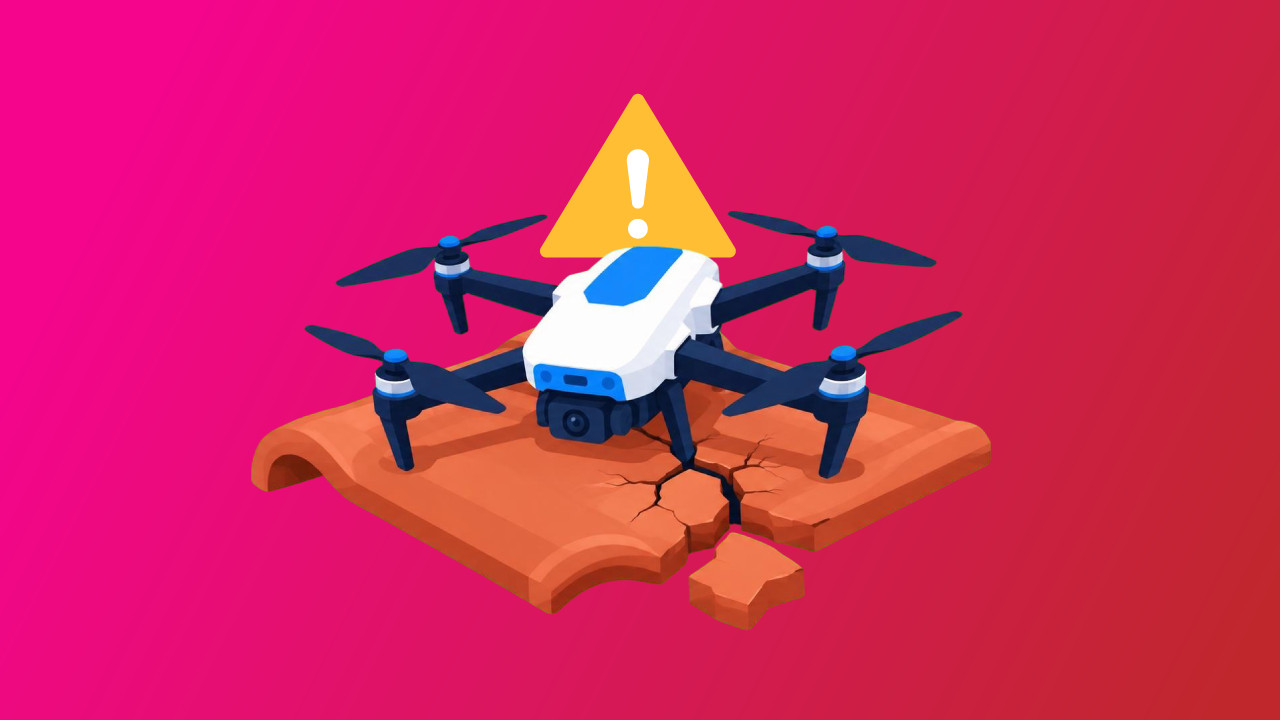 Drone resting on a cracked slab with a warning icon, illustrating a drone accident — Pilot Institute