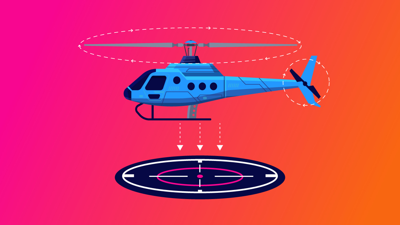 Flat vector illustration of a blue helicopter hovering above a helipad with arrows showing main and tail rotor rotation