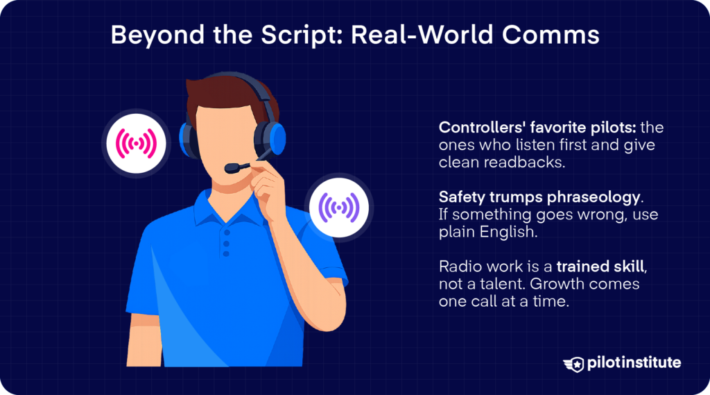 Infographic on real-world radio skills, covering clean readbacks, plain English for safety, and treating radio work as a trained skill.