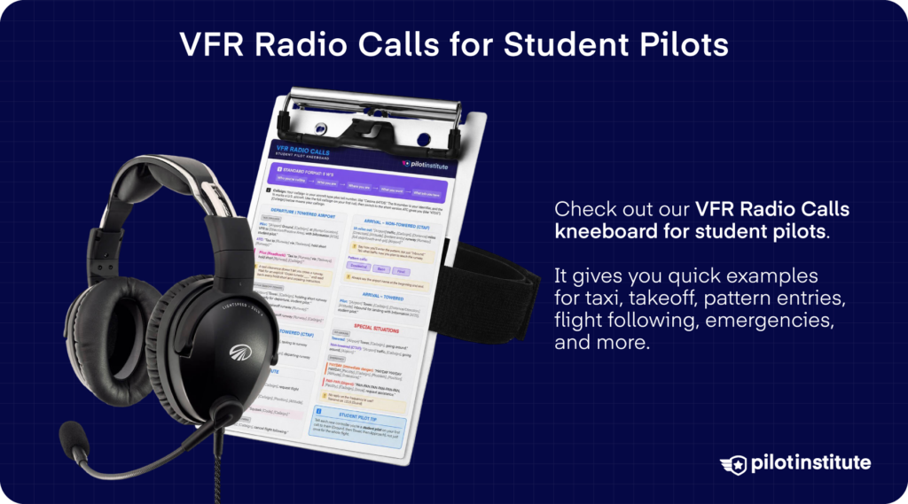 Graphic promoting a VFR radio calls kneeboard for student pilots, shown with an aviation headset and quick-reference call examples.