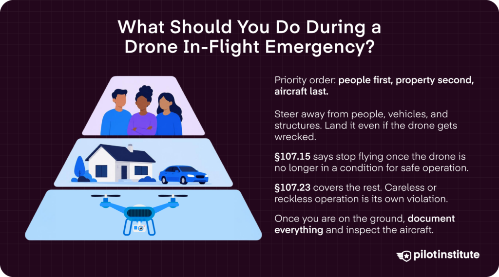 Graphic explaining drone in-flight emergency priorities: protect people and property, land safely, and inspect the drone afterward.