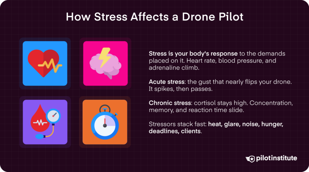 Stress and drone pilots infographic comparing acute versus chronic stress and job-site stressors — Pilot Institute
