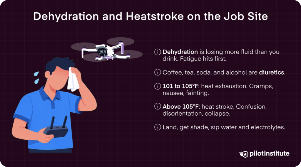 Dehydration and heatstroke infographic showing heat exhaustion and heat stroke temperature thresholds for drone pilots — Pilot Institute