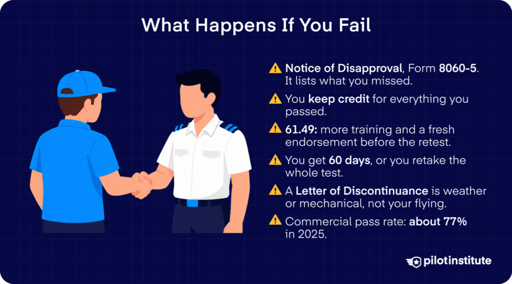 Graphic explaining what happens after failing a commercial pilot checkride, including the Notice of Disapproval, retest requirements, 60-day limit, and 2025 pass rate. Pilot Institute.