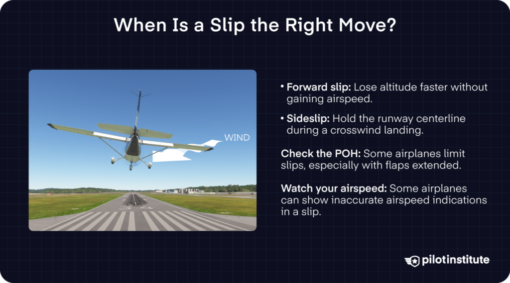 Airplane in a sideslip on a crosswind approach to a runway.